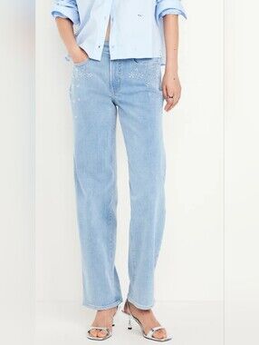 NWT Old Navy Women OG  Loose Embellished Rhinestones Blue Jeans +size Sz 26